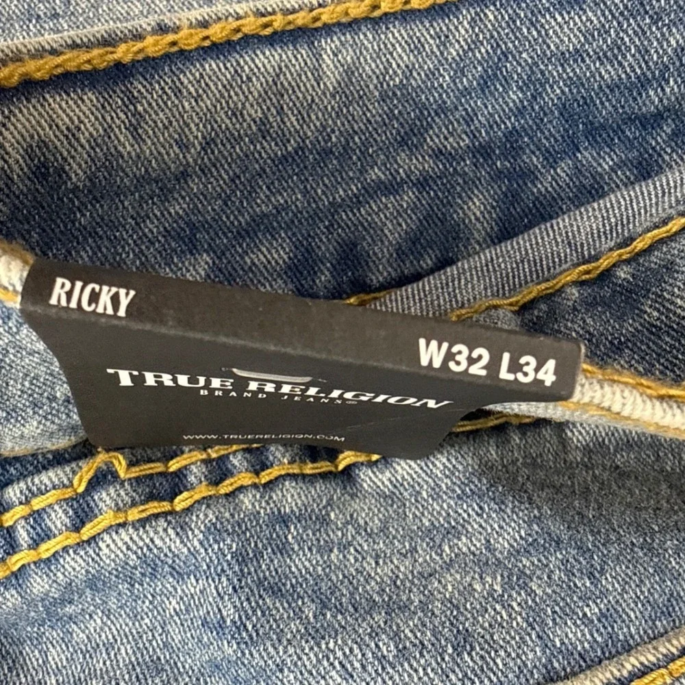 True Religion Jeans Mens 32x34 Ricky Blue Straight Leg Signature Stitch NEW